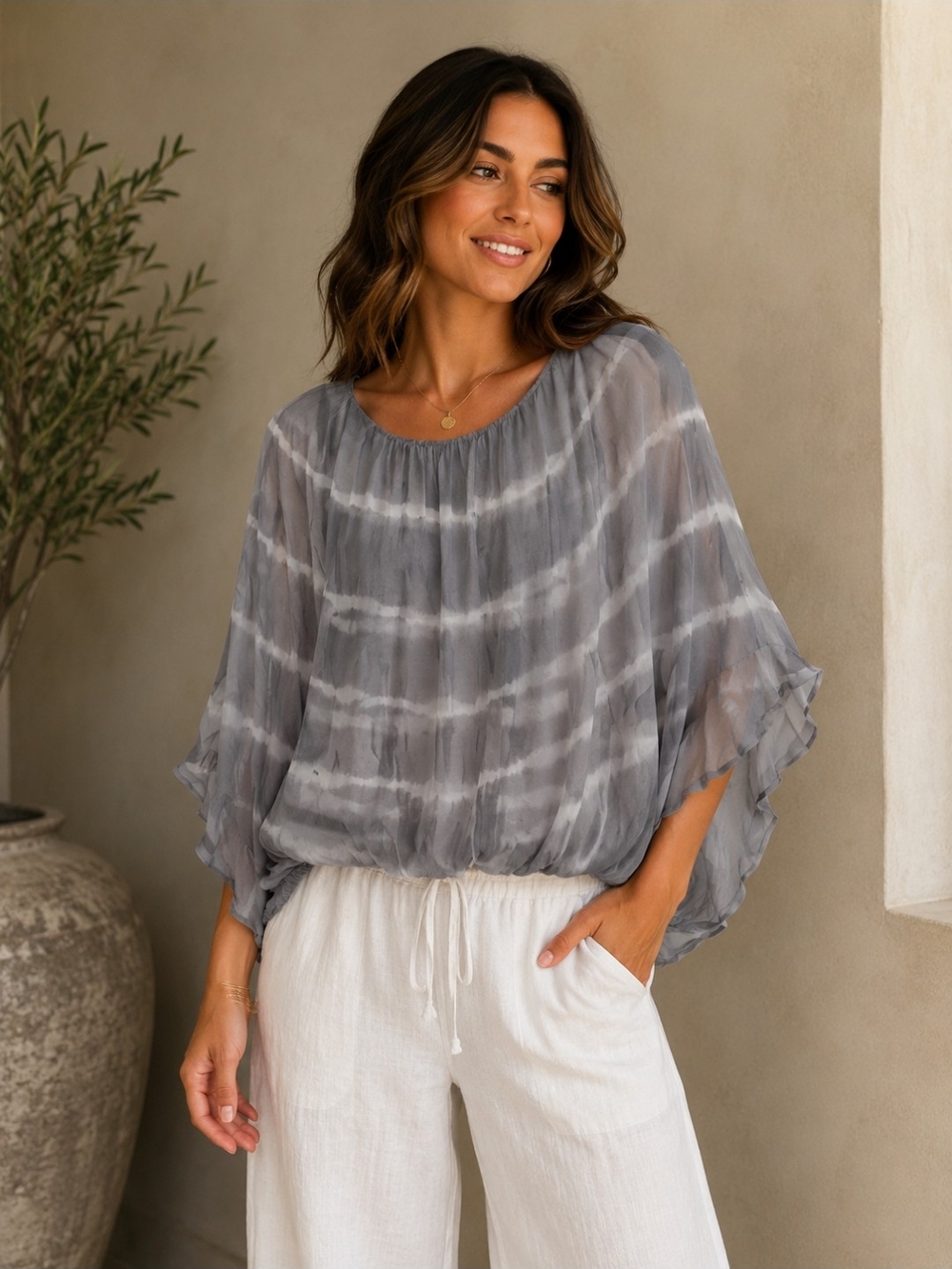 Gray Sheer Tie-Dye Blouson Top Silk Blend Made In Italy